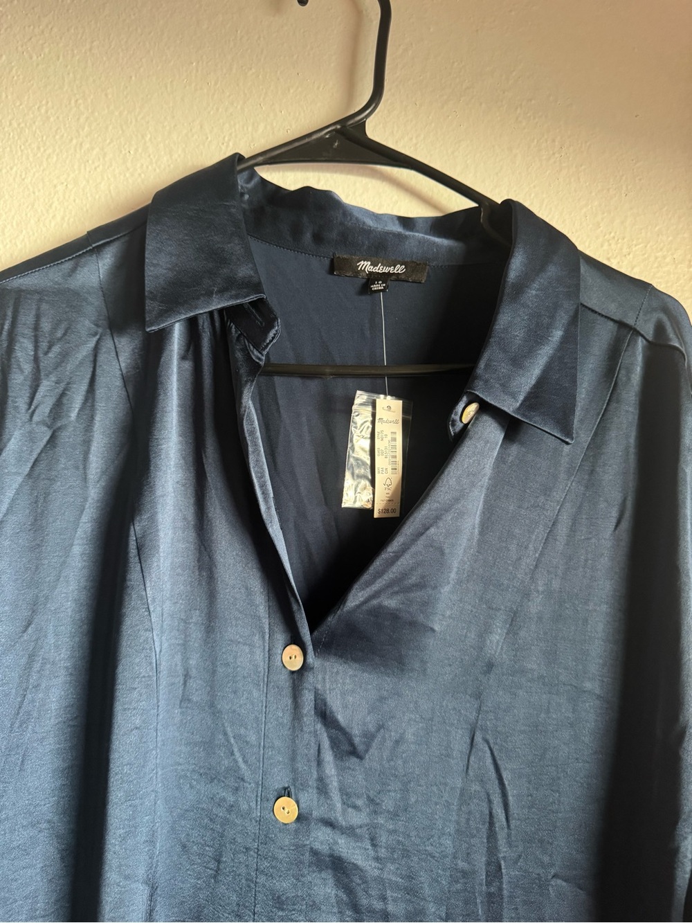 Madewell Deep Navy Satin Button-Front Blouse